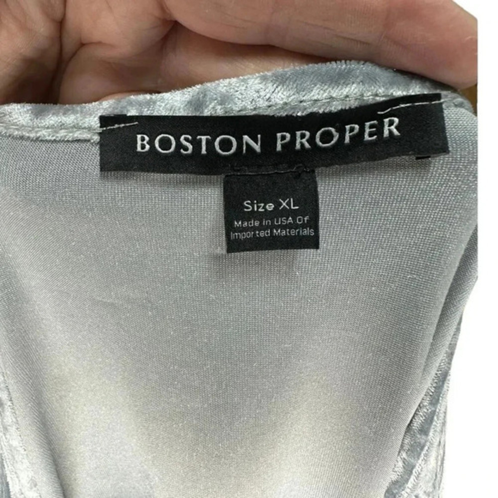 Boston Proper Top XL Silver Crushed Velvet Ruched Front Split Neck Elbow Sleeve - Picture 7 of 9